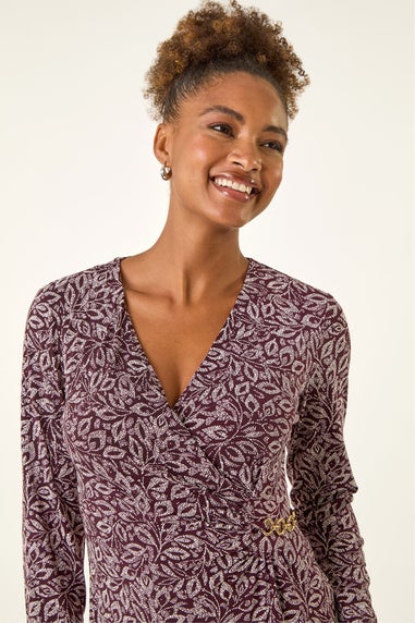 Roman Burgundy Leaf Print Chain Detail Midi Dress