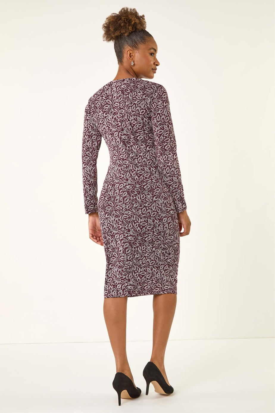 Roman Burgundy Leaf Print Chain Detail Midi Dress