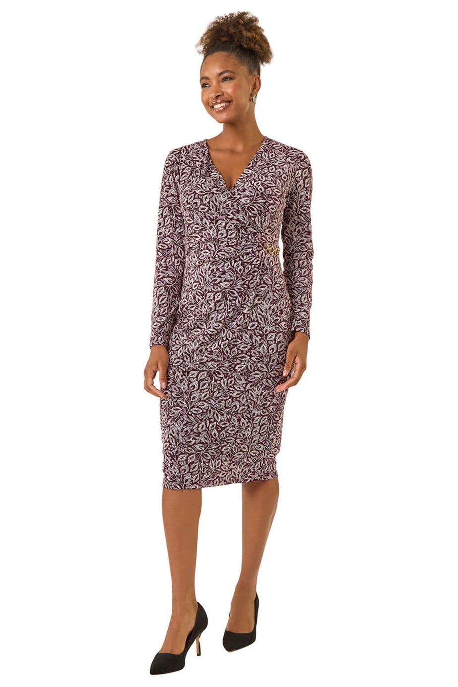 Roman Burgundy Leaf Print Chain Detail Midi Dress