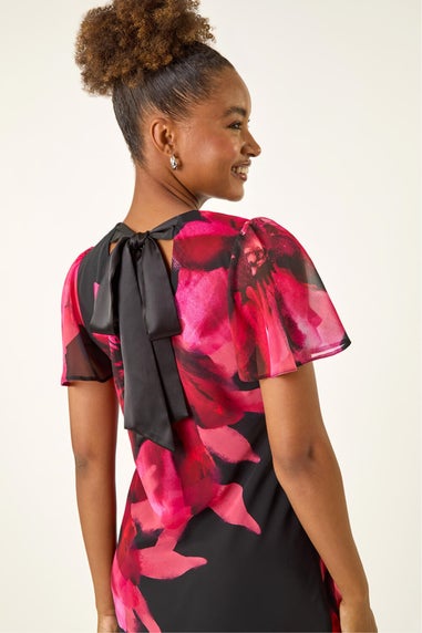 Roman Red Floral Print Flutter Sleeve Midi Dress