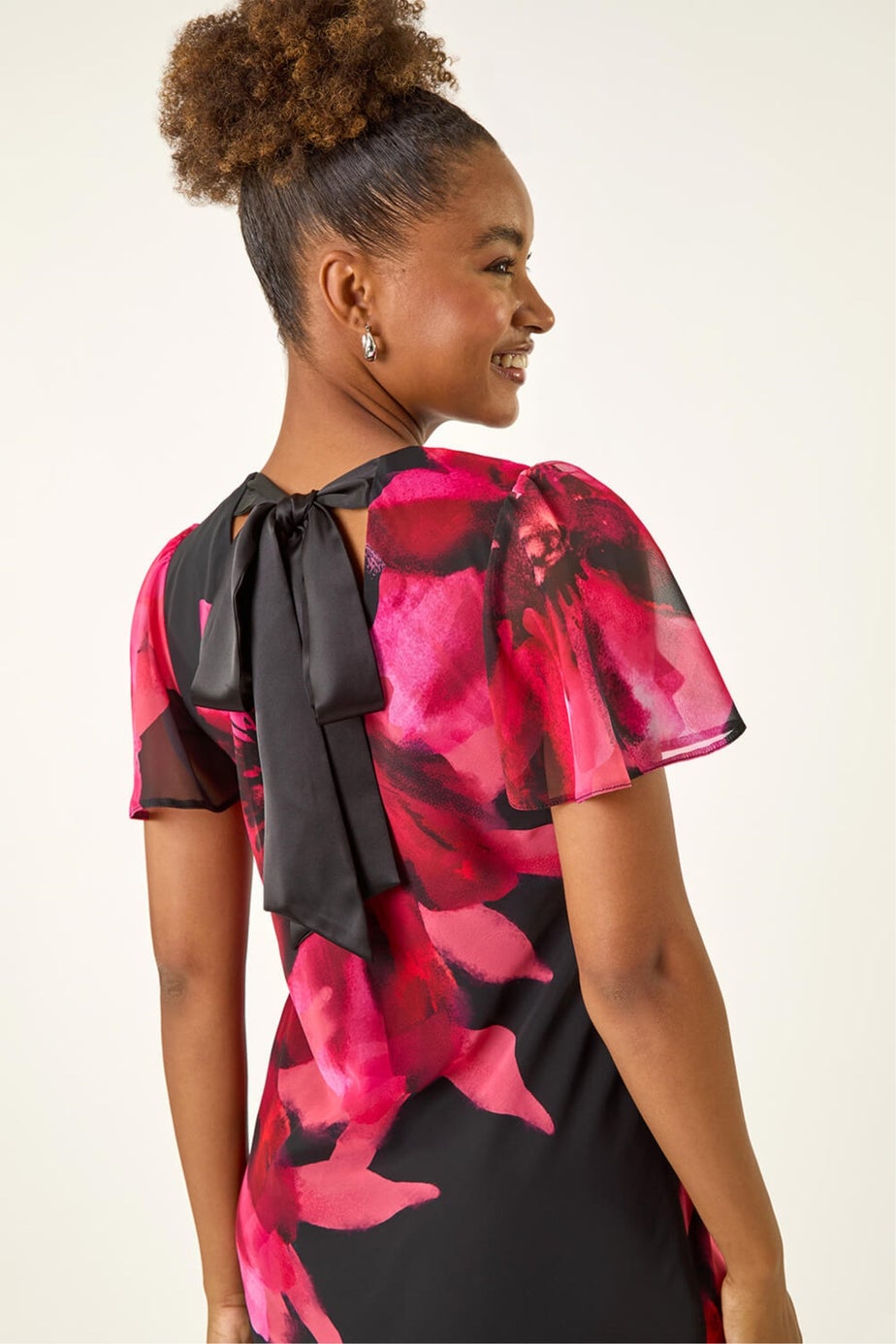 Roman Red Floral Print Flutter Sleeve Midi Dress