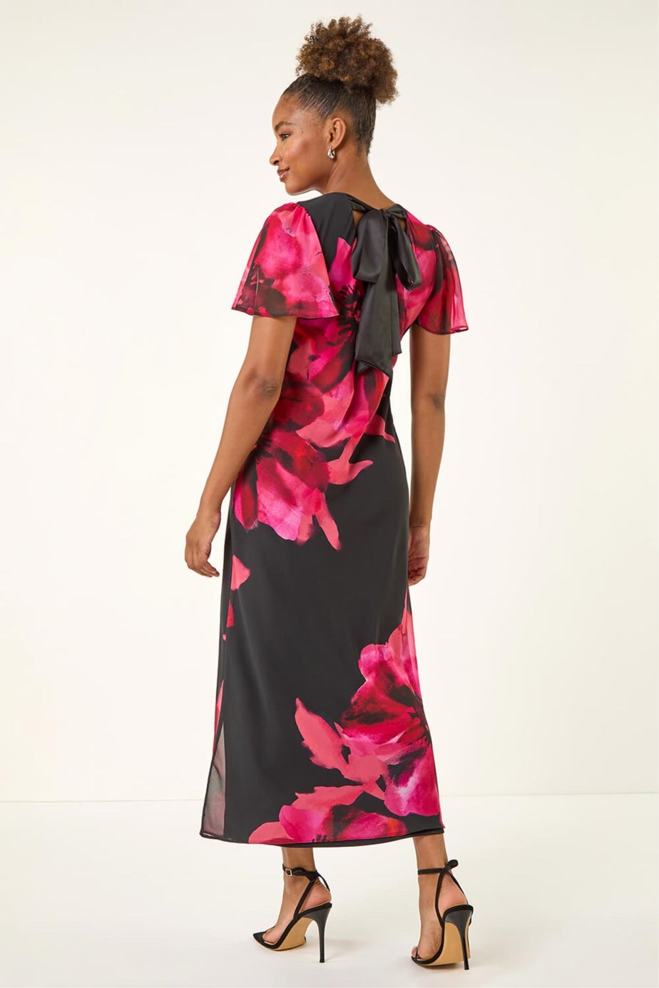Roman Red Floral Print Flutter Sleeve Midi Dress