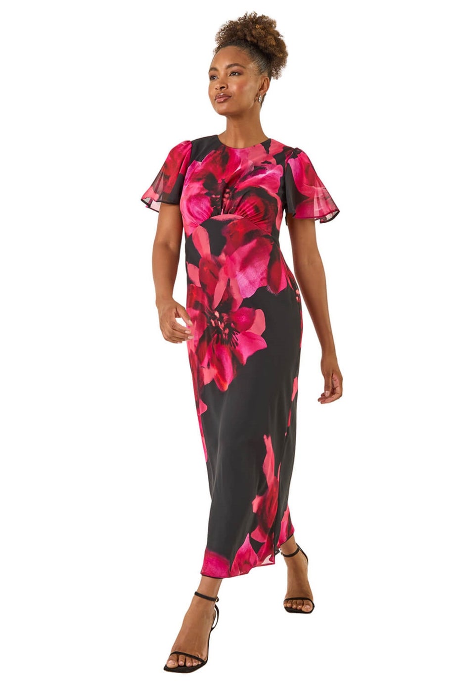 Roman Red Floral Print Flutter Sleeve Midi Dress