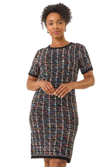 Roman Black Petite Sparkle Boucle Knit Dress