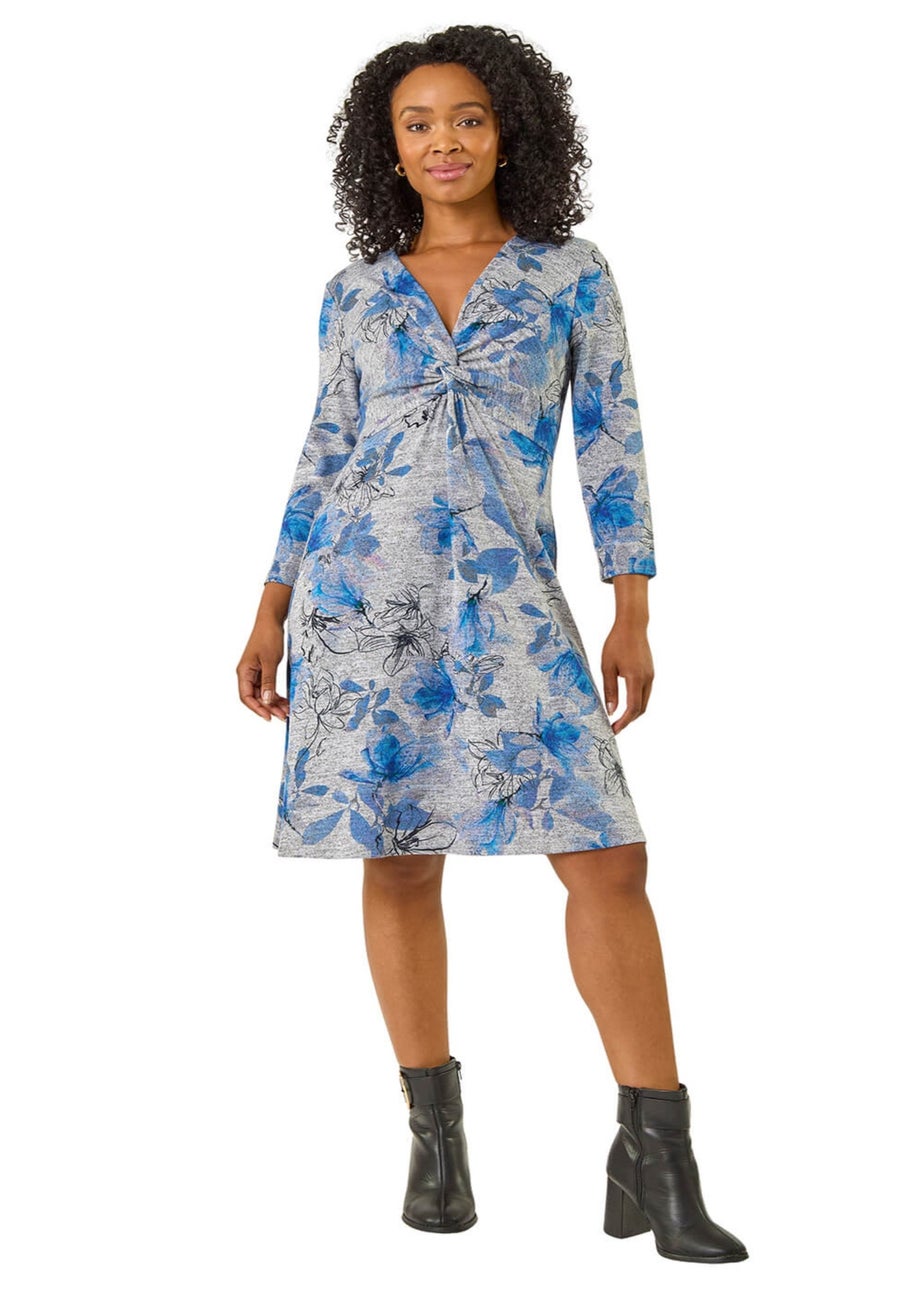 Roman Blue Petite Floral Twist Front Stretch Dress