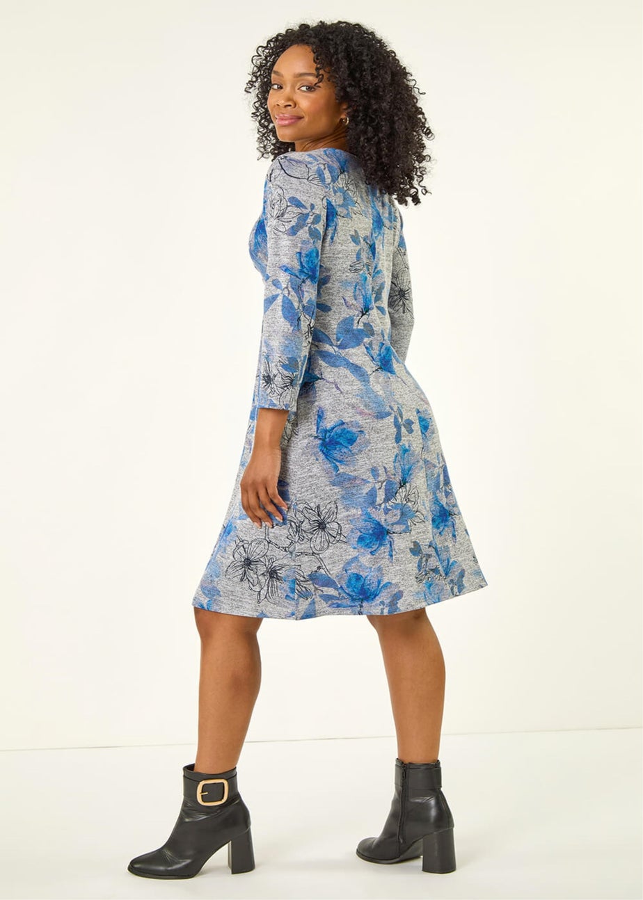 Roman Blue Petite Floral Twist Front Stretch Dress