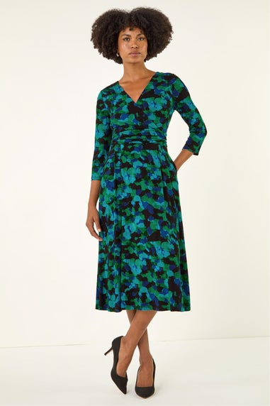 Roman Green Abstract Print V-Neck Stretch Midi Dress