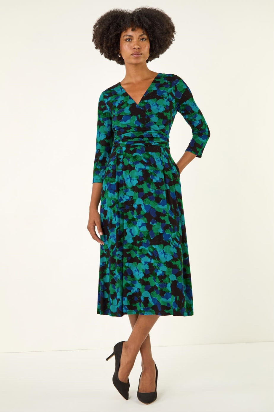 Roman Green Abstract Print V-Neck Stretch Midi Dress