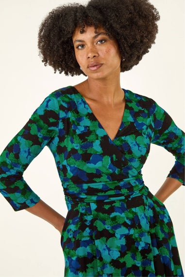 Roman Green Abstract Print V-Neck Stretch Midi Dress
