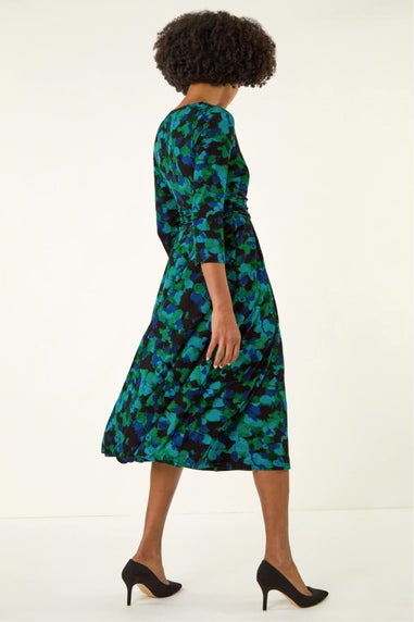 Roman Green Abstract Print V-Neck Stretch Midi Dress