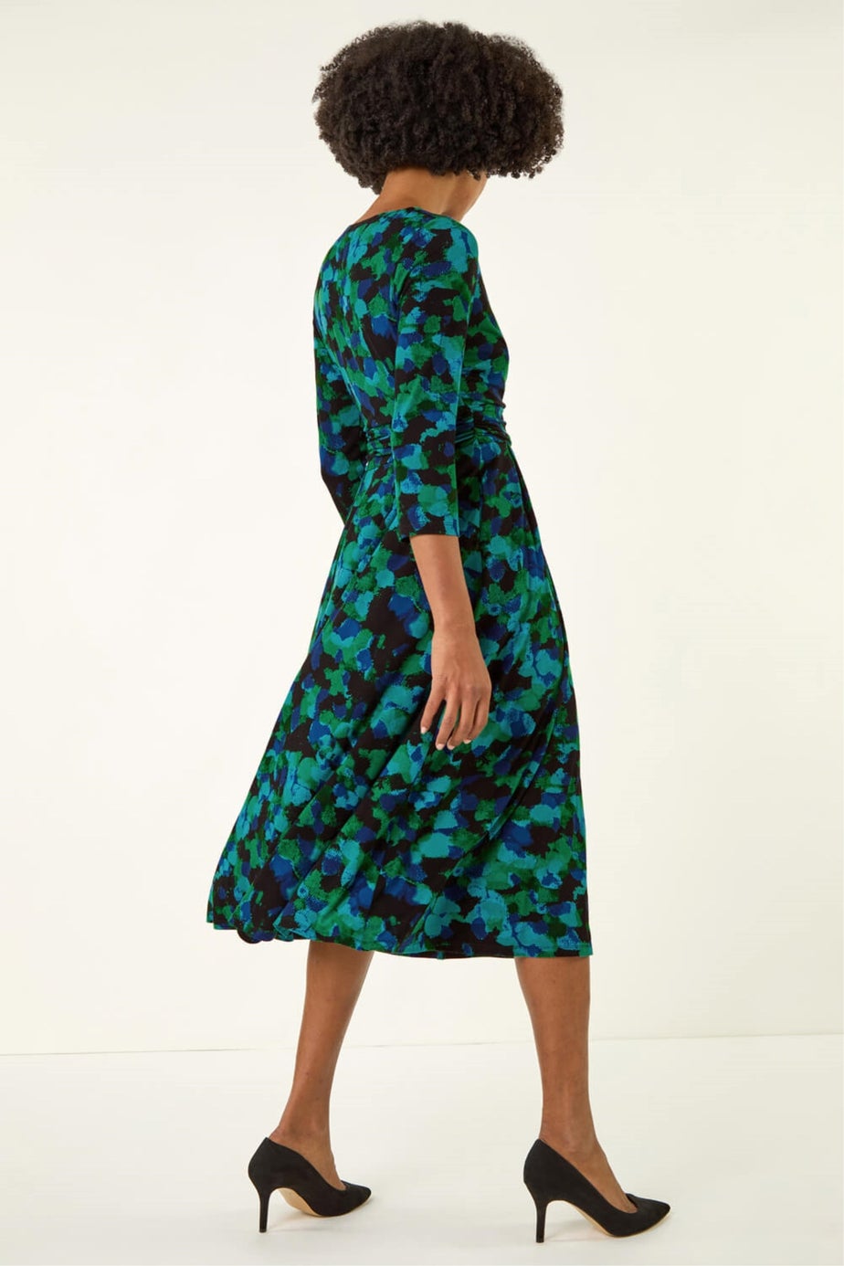 Roman Green Abstract Print V-Neck Stretch Midi Dress