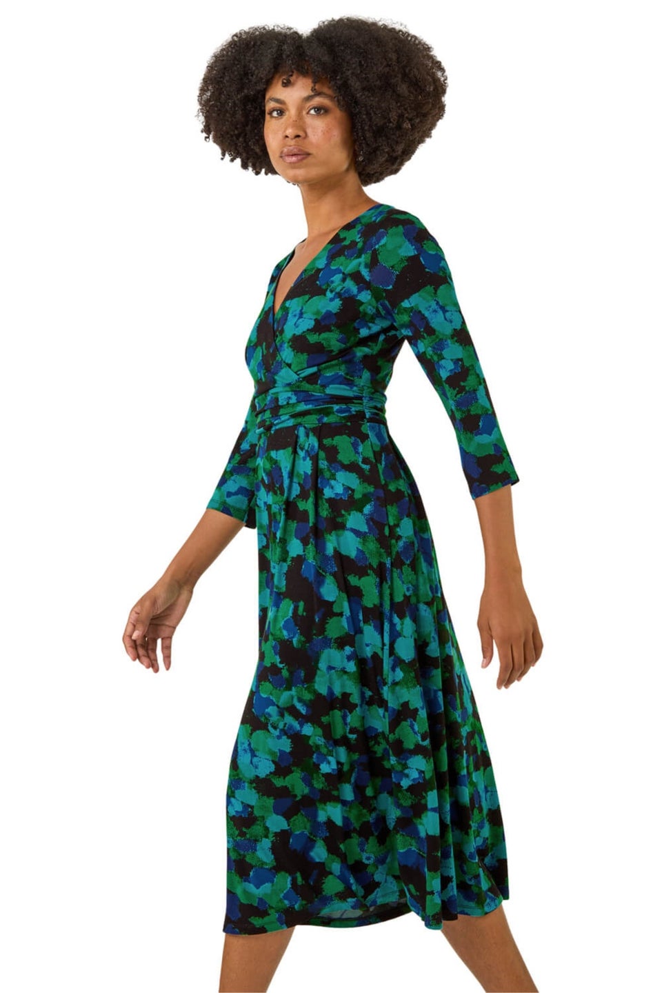 Roman Green Abstract Print V-Neck Stretch Midi Dress