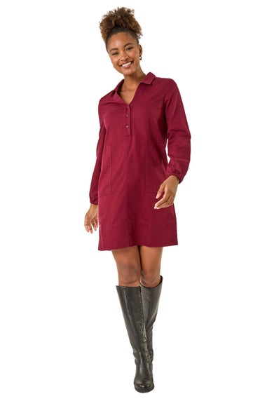 Roman Wine Collared Shift Shirt Dress