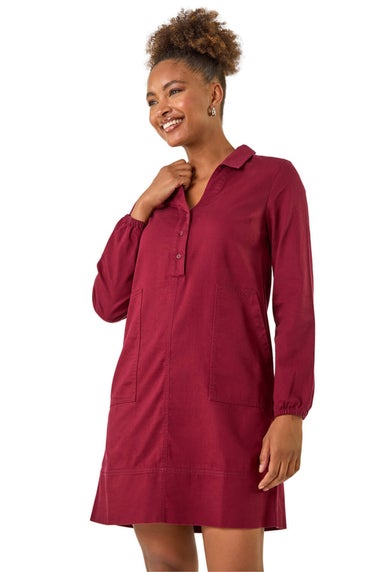 Roman Wine Collared Shift Shirt Dress