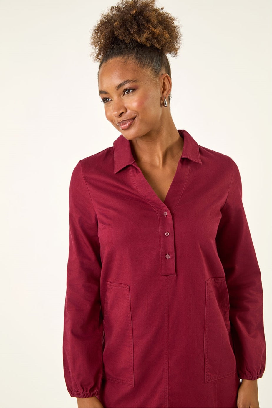 Roman Wine Collared Shift Shirt Dress