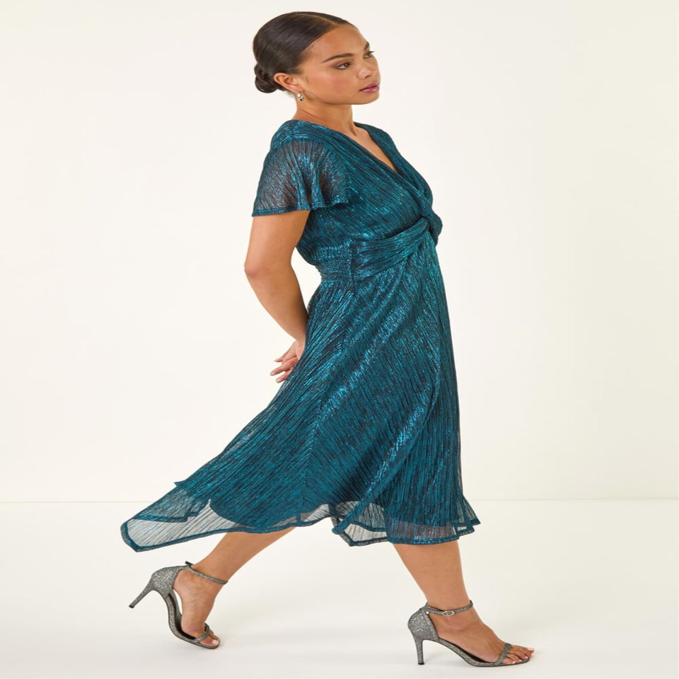 Roman Teal Petite Shimmer Twist Front Midi Dress