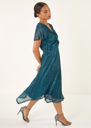 Roman Teal Petite Shimmer Twist Front Midi Dress