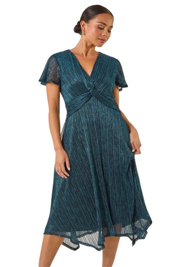 Roman Teal Petite Shimmer Twist Front Midi Dress
