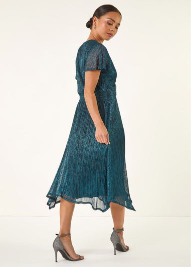 Roman Teal Petite Shimmer Twist Front Midi Dress
