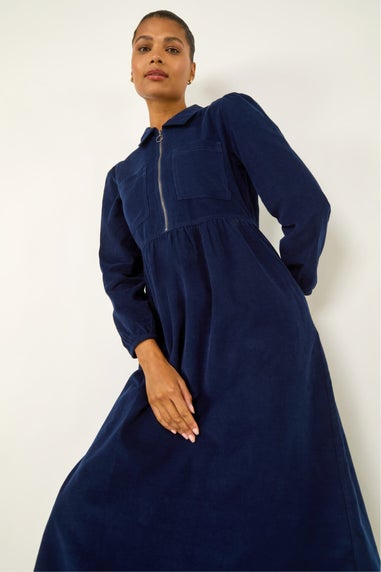Roman Navy Corduroy Zip Detail Midi Dress