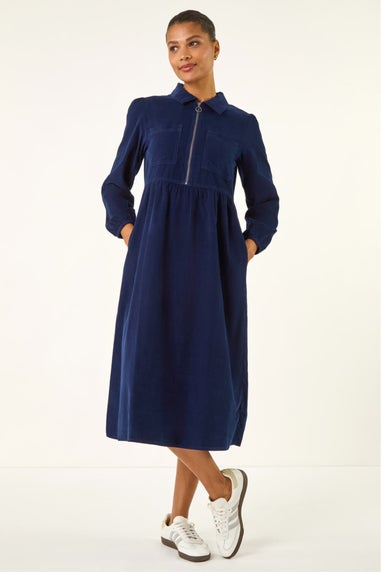 Roman Navy Corduroy Zip Detail Midi Dress