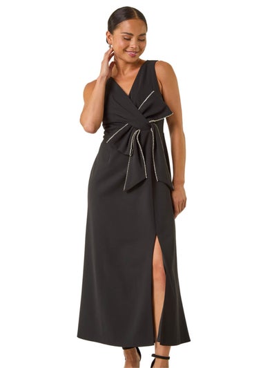 Roman Black Petite Diamante Bow Trim Maxi Dress