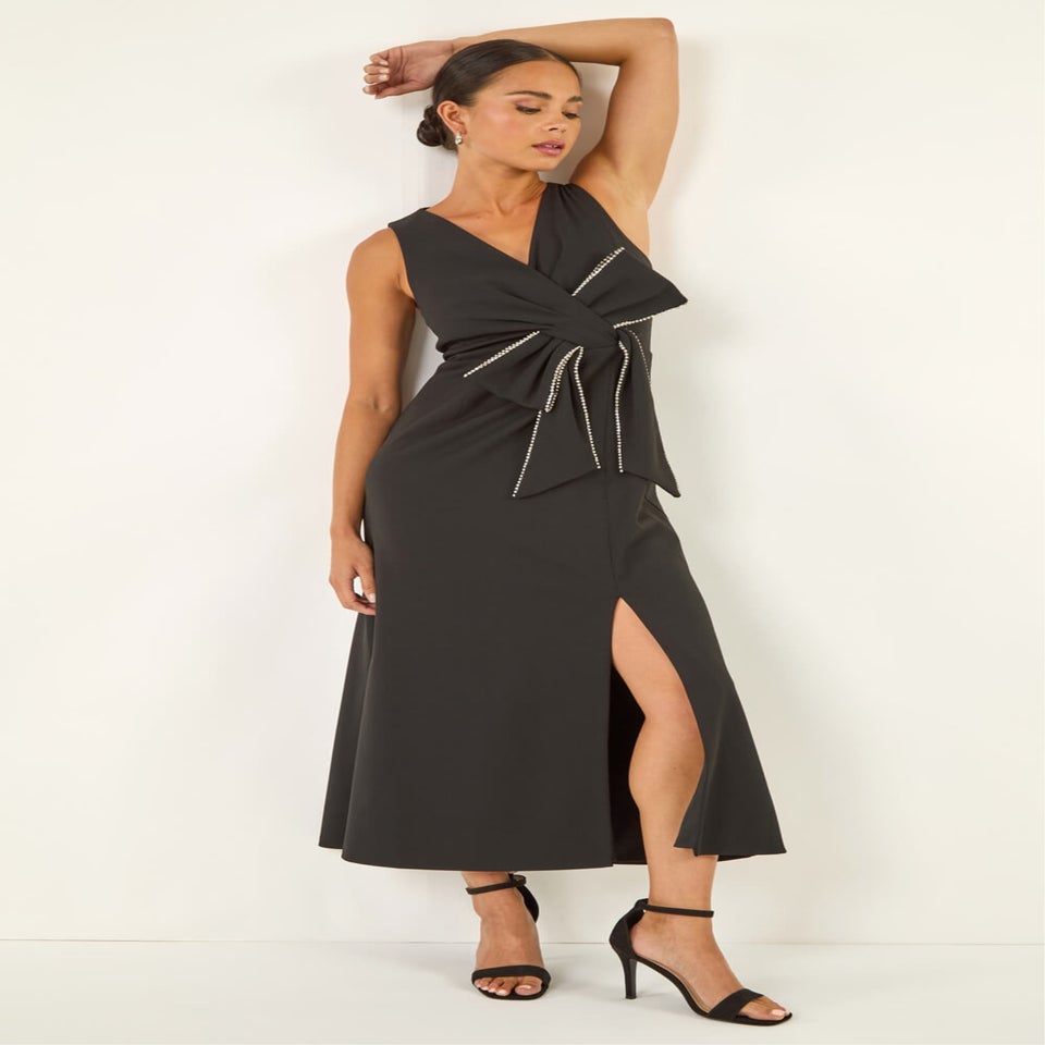 Roman Black Petite Diamante Bow Trim Maxi Dress