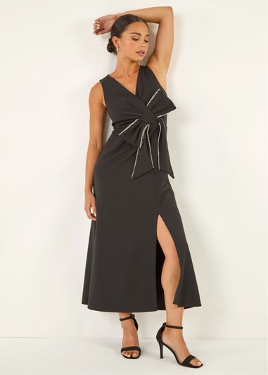 Roman Black Petite Diamante Bow Trim Maxi Dress