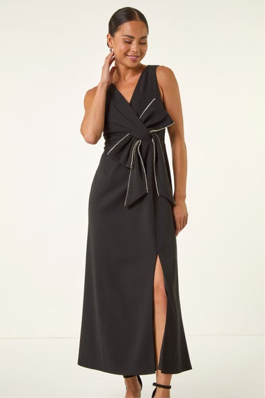 Roman Black Petite Diamante Bow Trim Maxi Dress