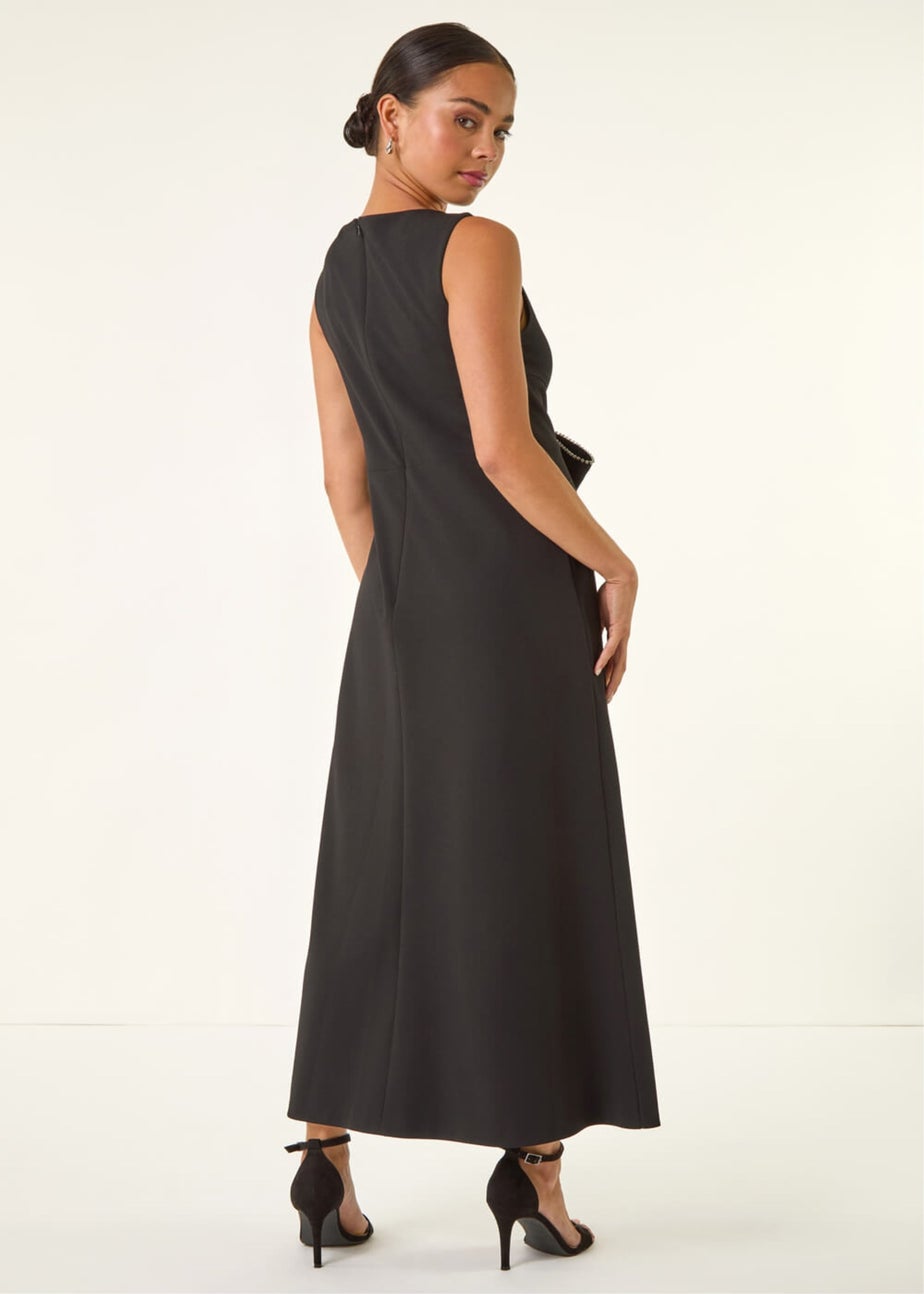 Roman Black Petite Diamante Bow Trim Maxi Dress