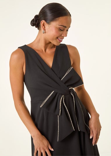 Roman Black Petite Diamante Bow Trim Maxi Dress