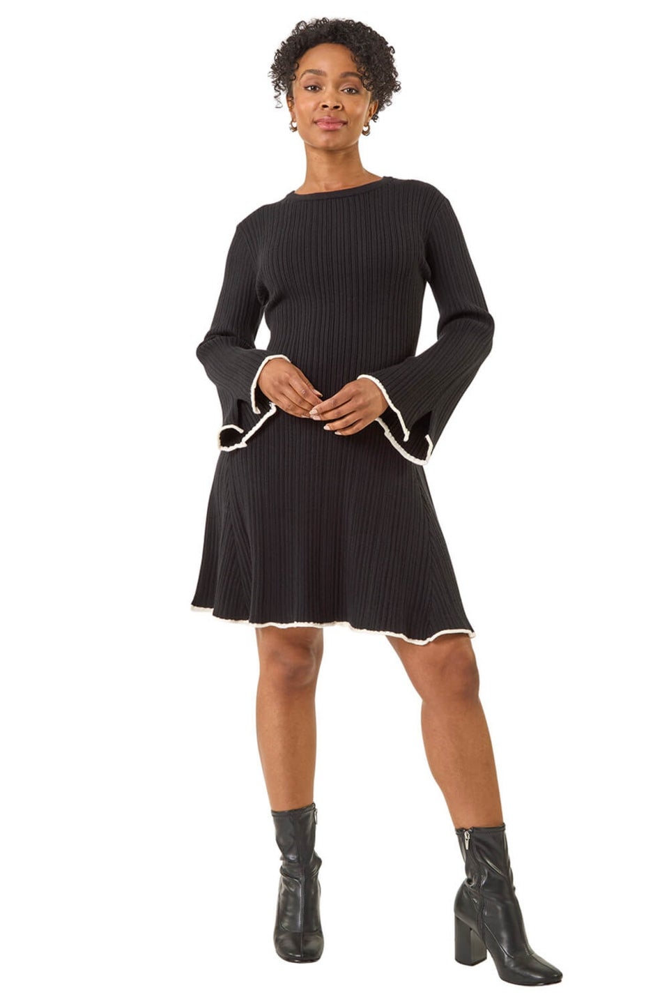 Roman Black Petite Contrast Trim Knit Dress