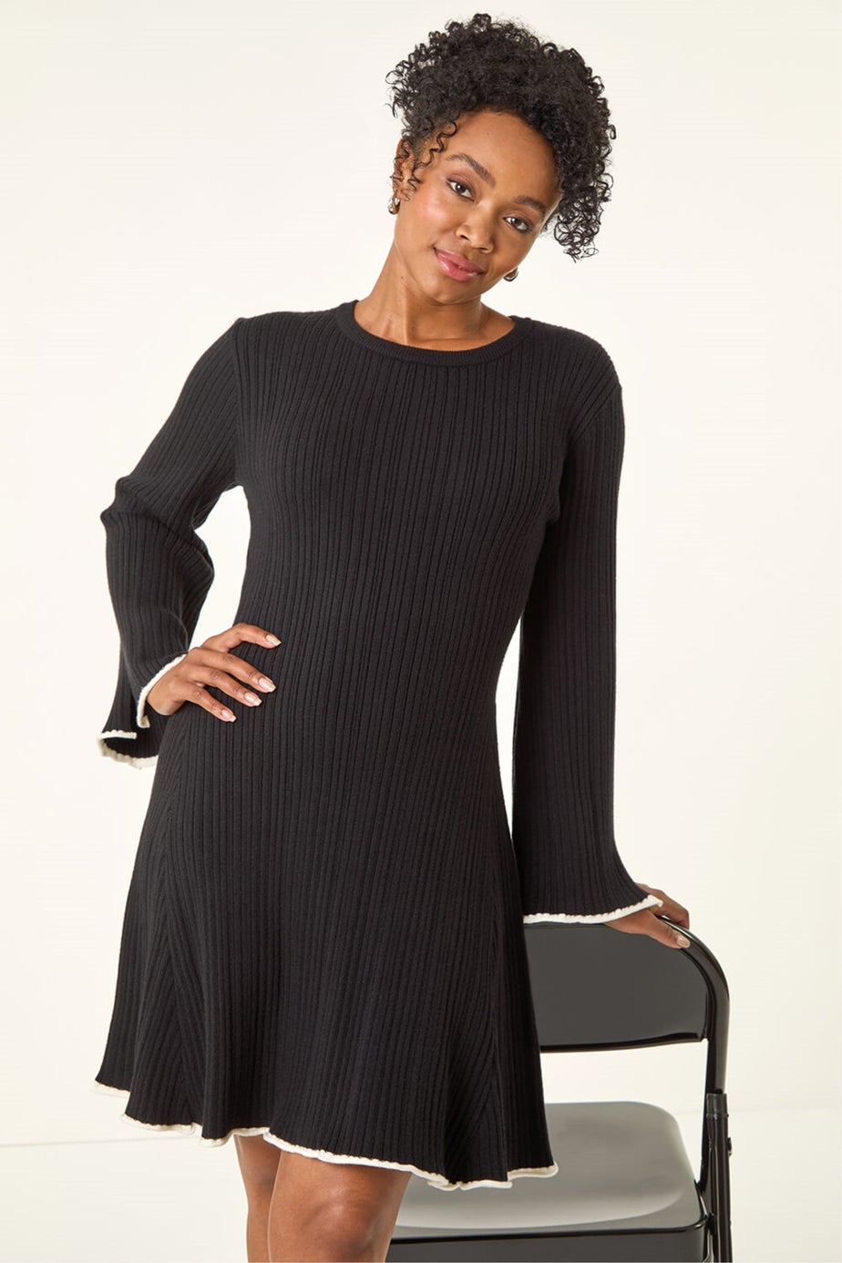 Roman Black Petite Contrast Trim Knit Dress