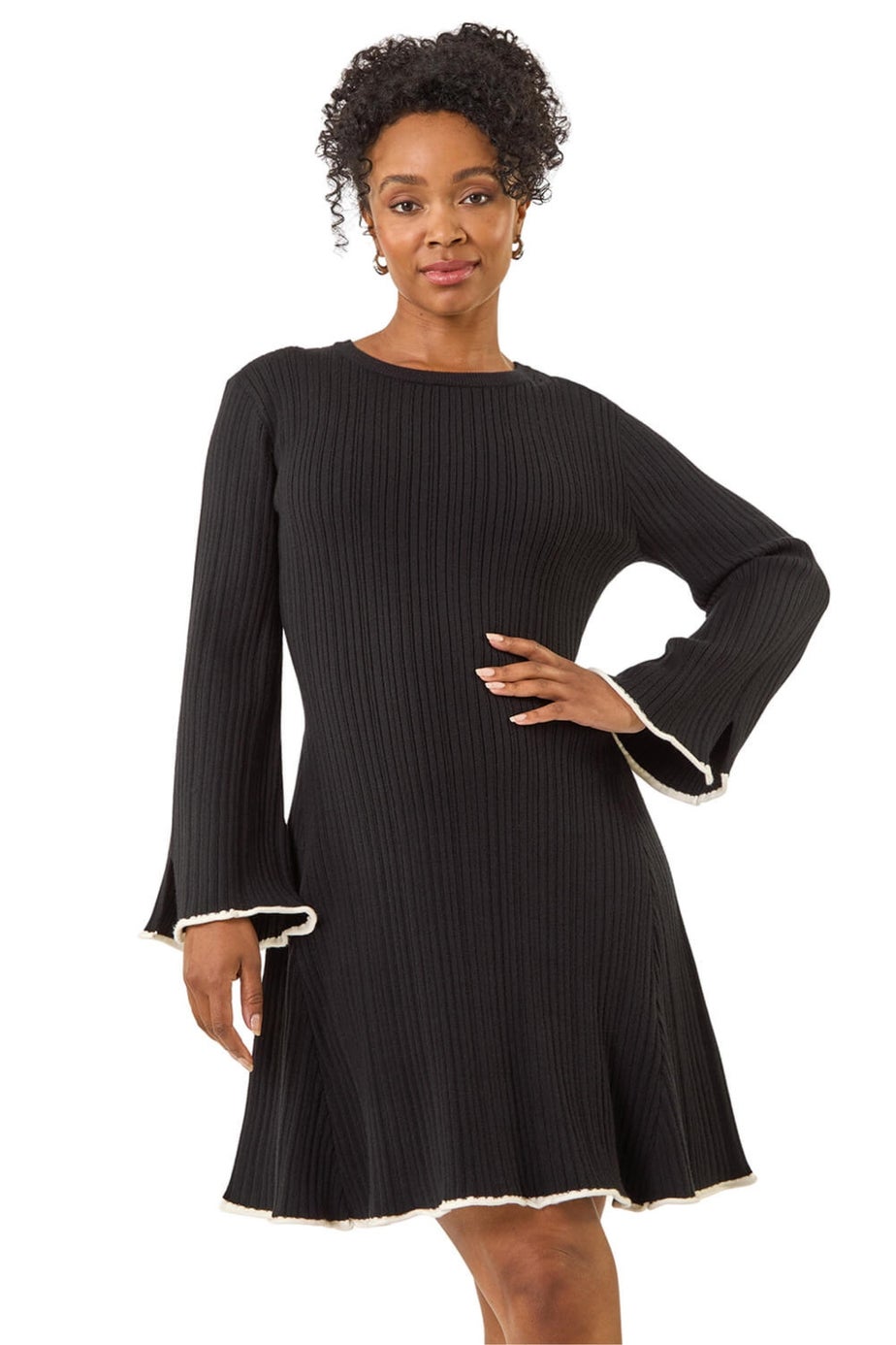 Roman Black Petite Contrast Trim Knit Dress