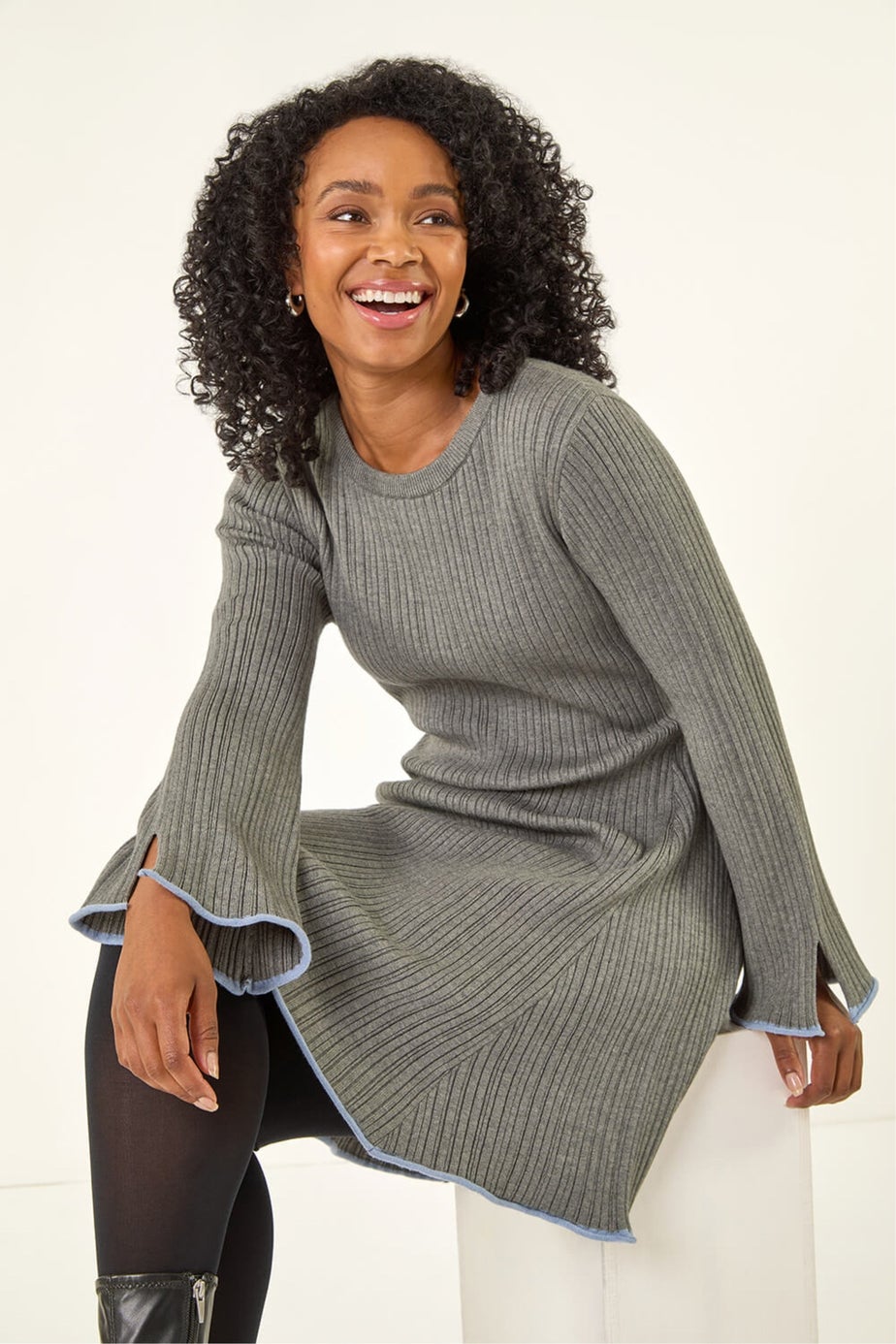 Roman Grey Petite Contrast Trim Knit Dress