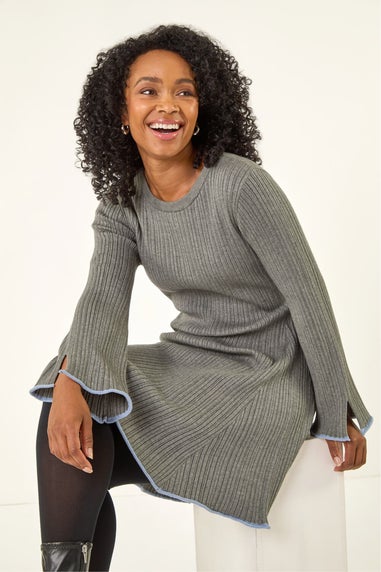 Roman Grey Petite Contrast Trim Knit Dress