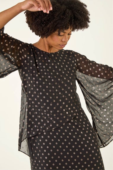 Roman Black Asymmetric Spot Print Overlay Dress