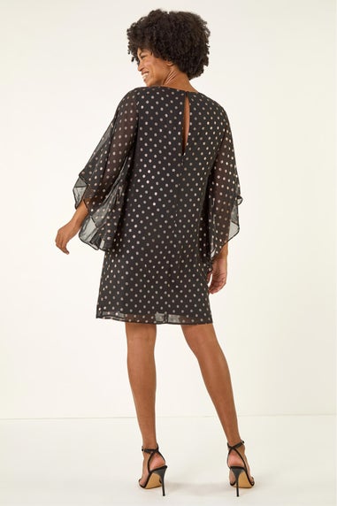 Roman Black Asymmetric Spot Print Overlay Dress