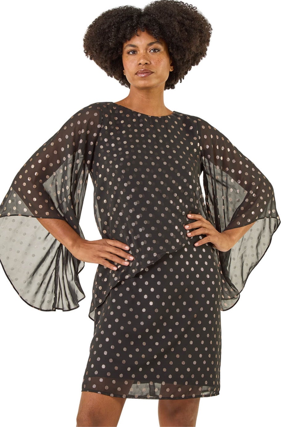 Roman Black Asymmetric Spot Print Overlay Dress