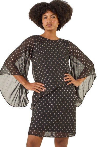 Roman Black Asymmetric Spot Print Overlay Dress