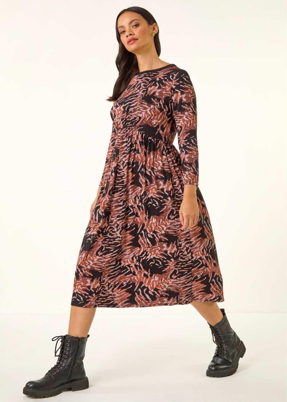 Dusk Light Pink Abstract Print Pocket Stretch Midi Dress