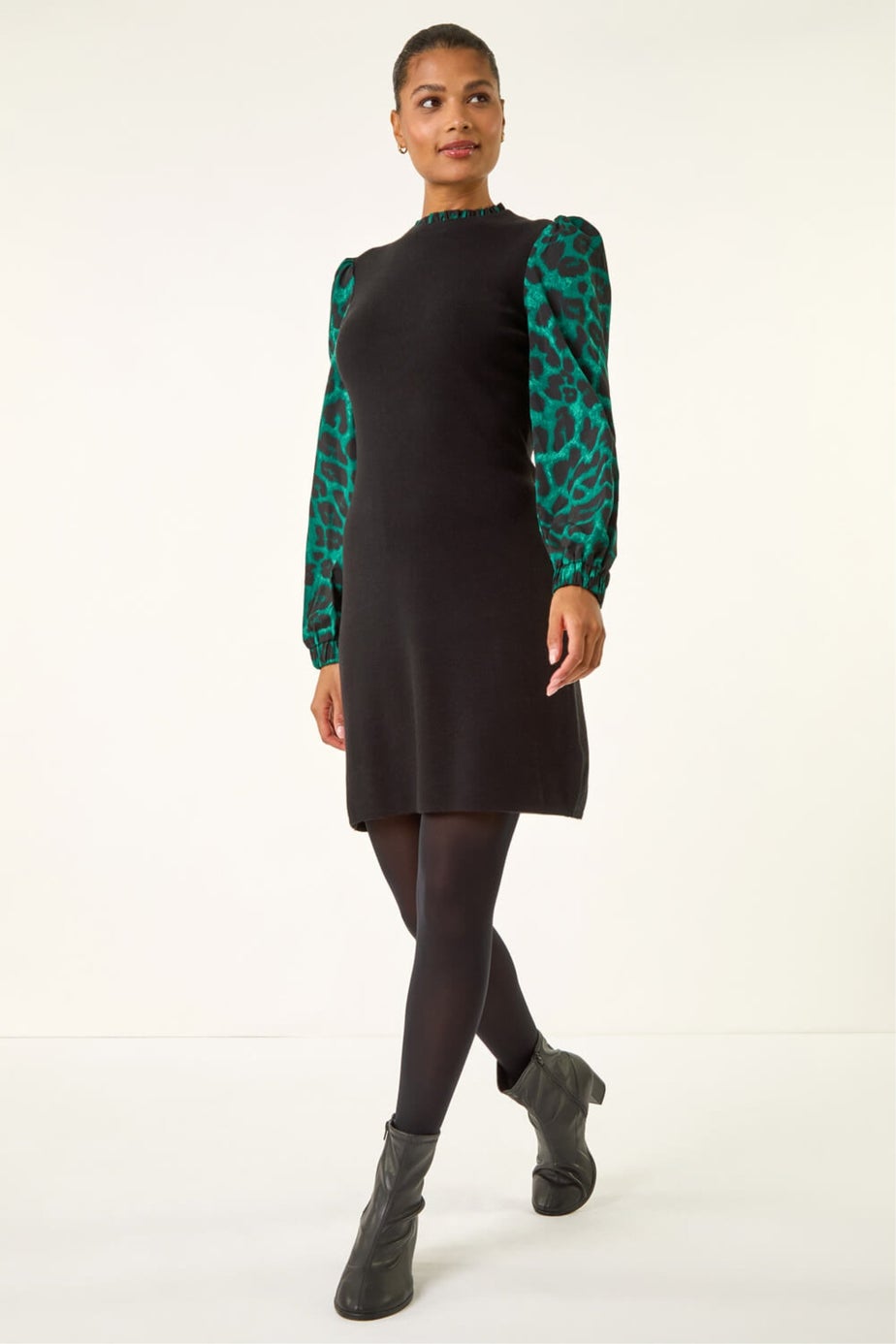 Roman Green Animal Print Mix Frill Short Dress