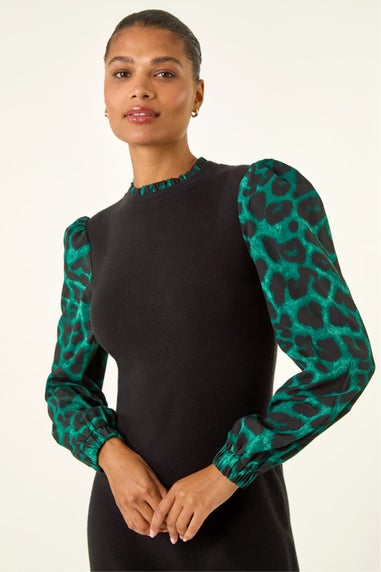 Roman Green Animal Print Mix Frill Short Dress