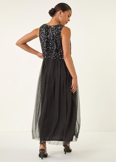 Roman Black Petite Contrast Sequin Mesh Dress
