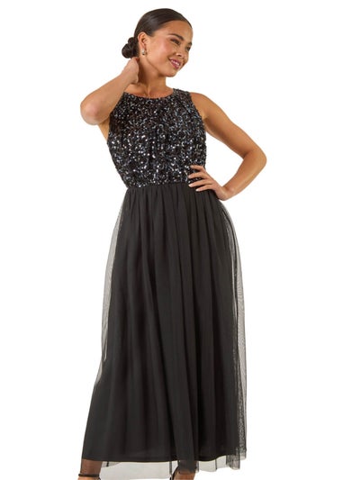 Roman Black Petite Contrast Sequin Mesh Dress