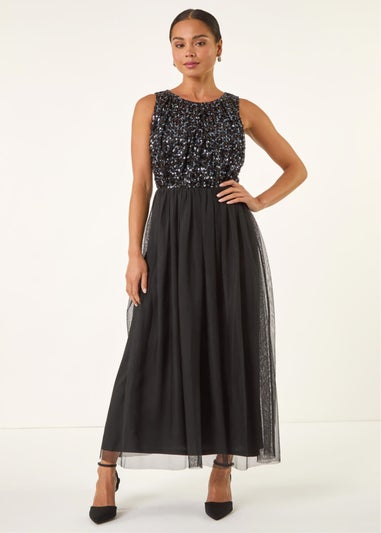Roman Black Petite Contrast Sequin Mesh Dress