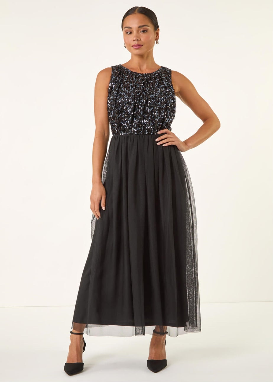 Roman Black Petite Contrast Sequin Mesh Dress