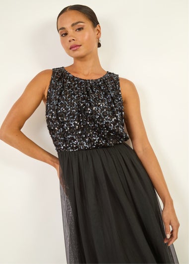 Roman Black Petite Contrast Sequin Mesh Dress