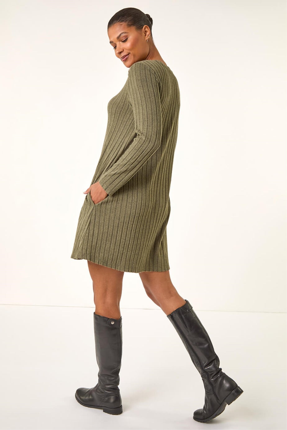 Roman Khaki Textured Ribbed Swing Dress