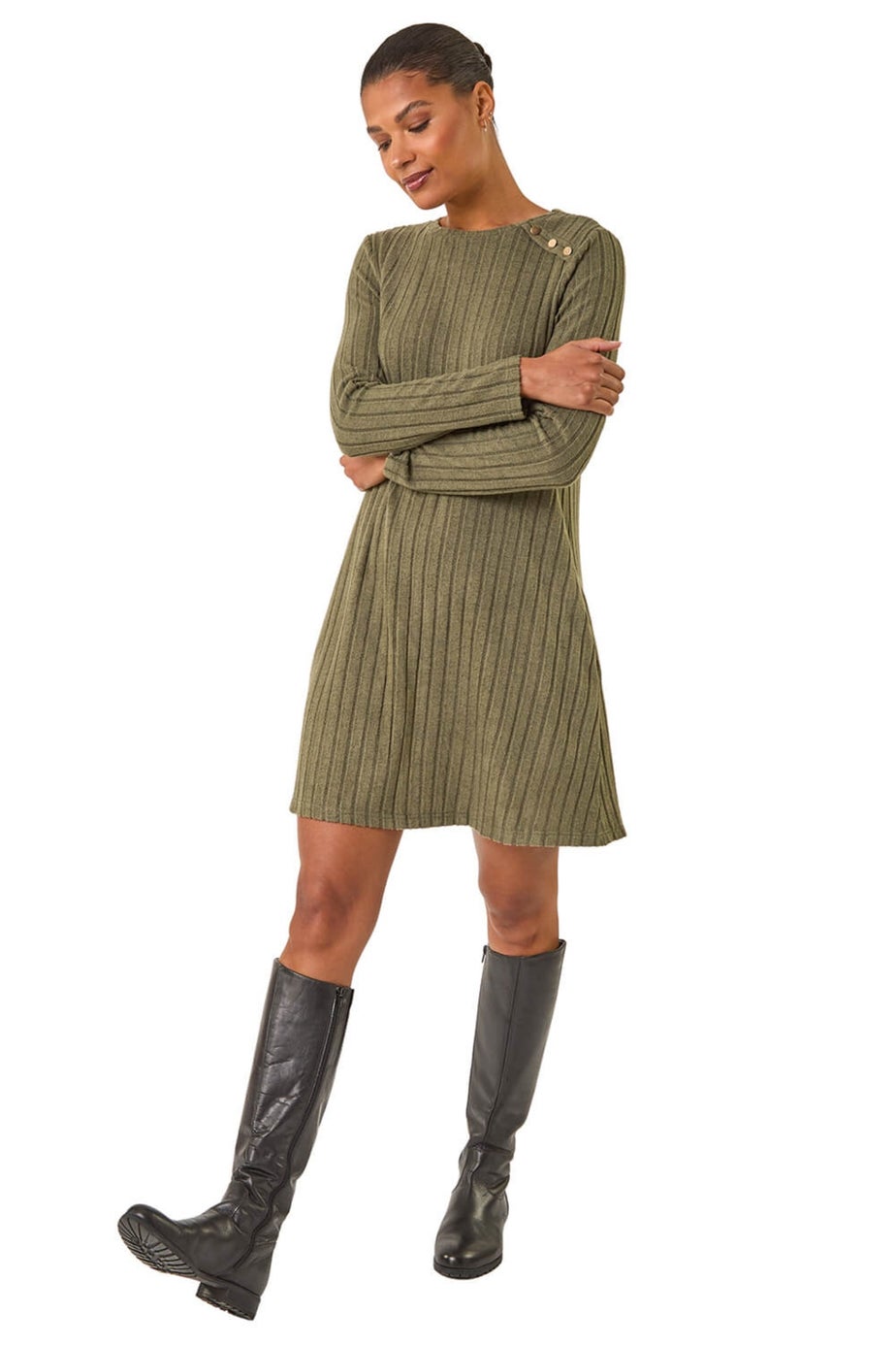 Roman Khaki Textured Ribbed Swing Dress